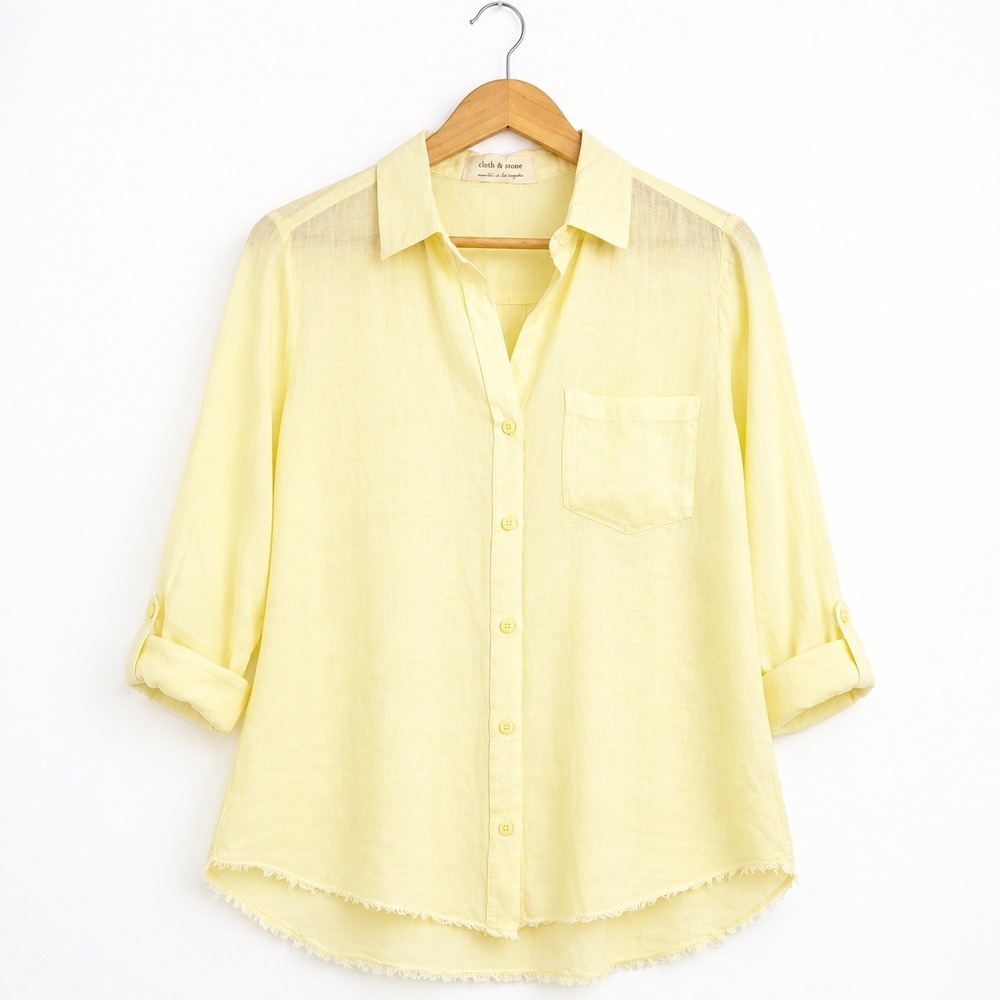 Cloth & Stone Yellow Linen Frayed Hem Button Down Shirt C9153-617-301 Womens S